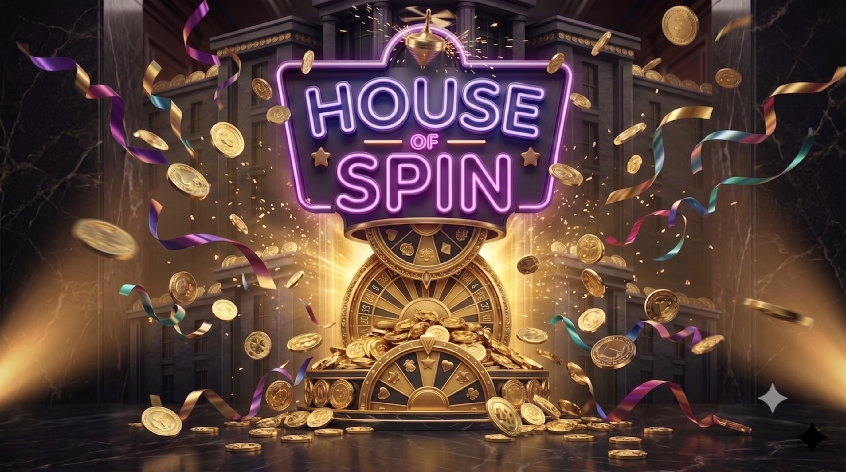 House of Spin — no purchase necessary. Free coins daily, six big names, envelope mail-in entry.